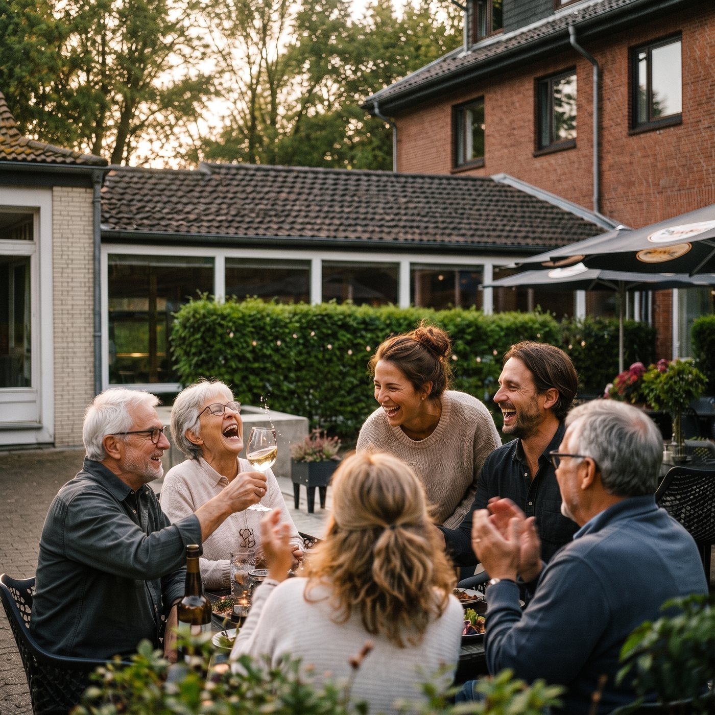 Familie an der langen Tafel im Hof am Sunderhof