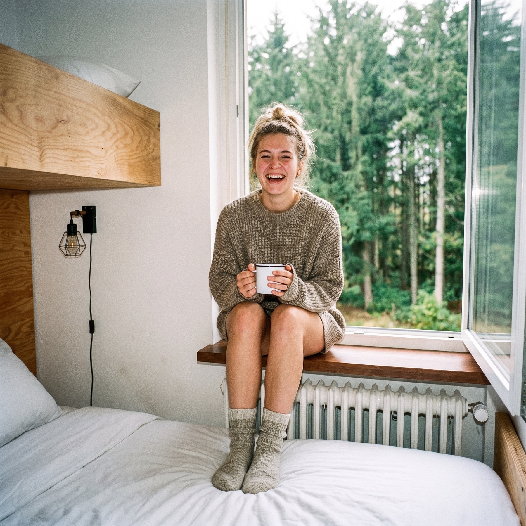 Gast mit Morgenkaffee auf der Fensterbank zum Wald am Sunderhof