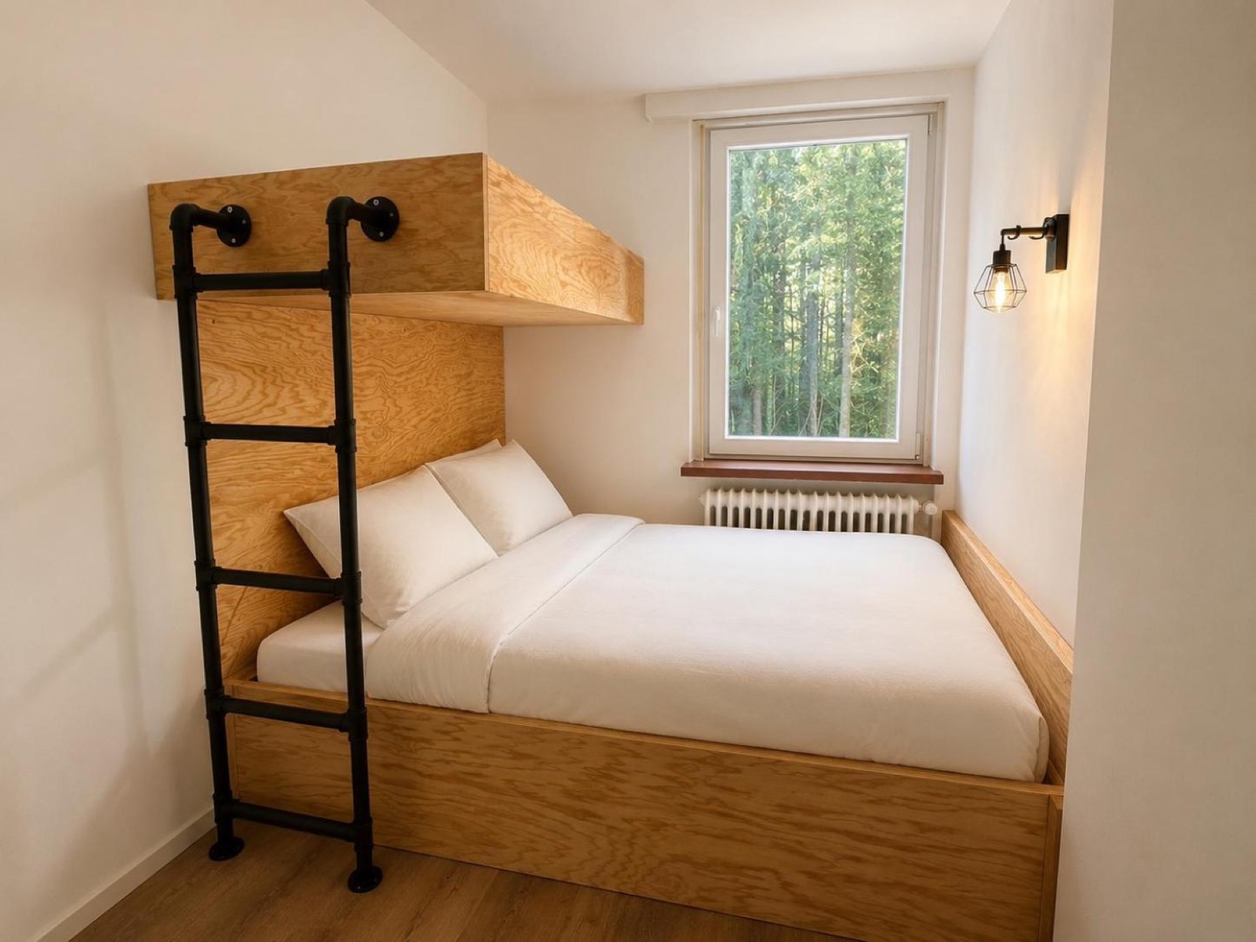 Zimmer mit Hochbett aus Birkenholz und Waldblick am Sunderhof
