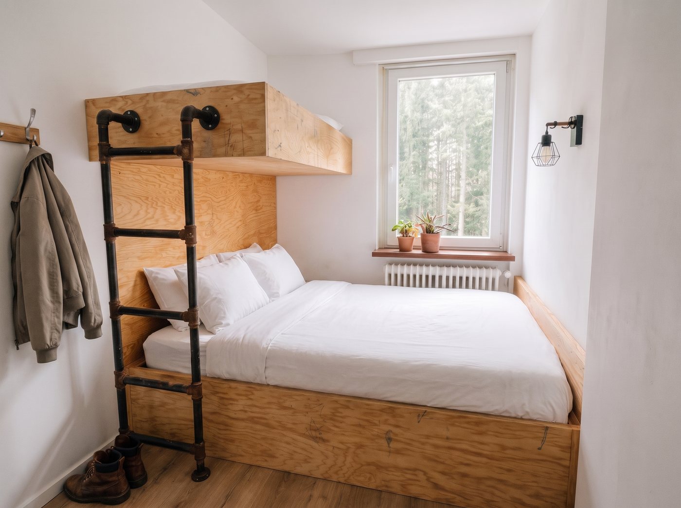 Zimmer mit Hochbett aus Birkenholz und Waldblick am Sunderhof