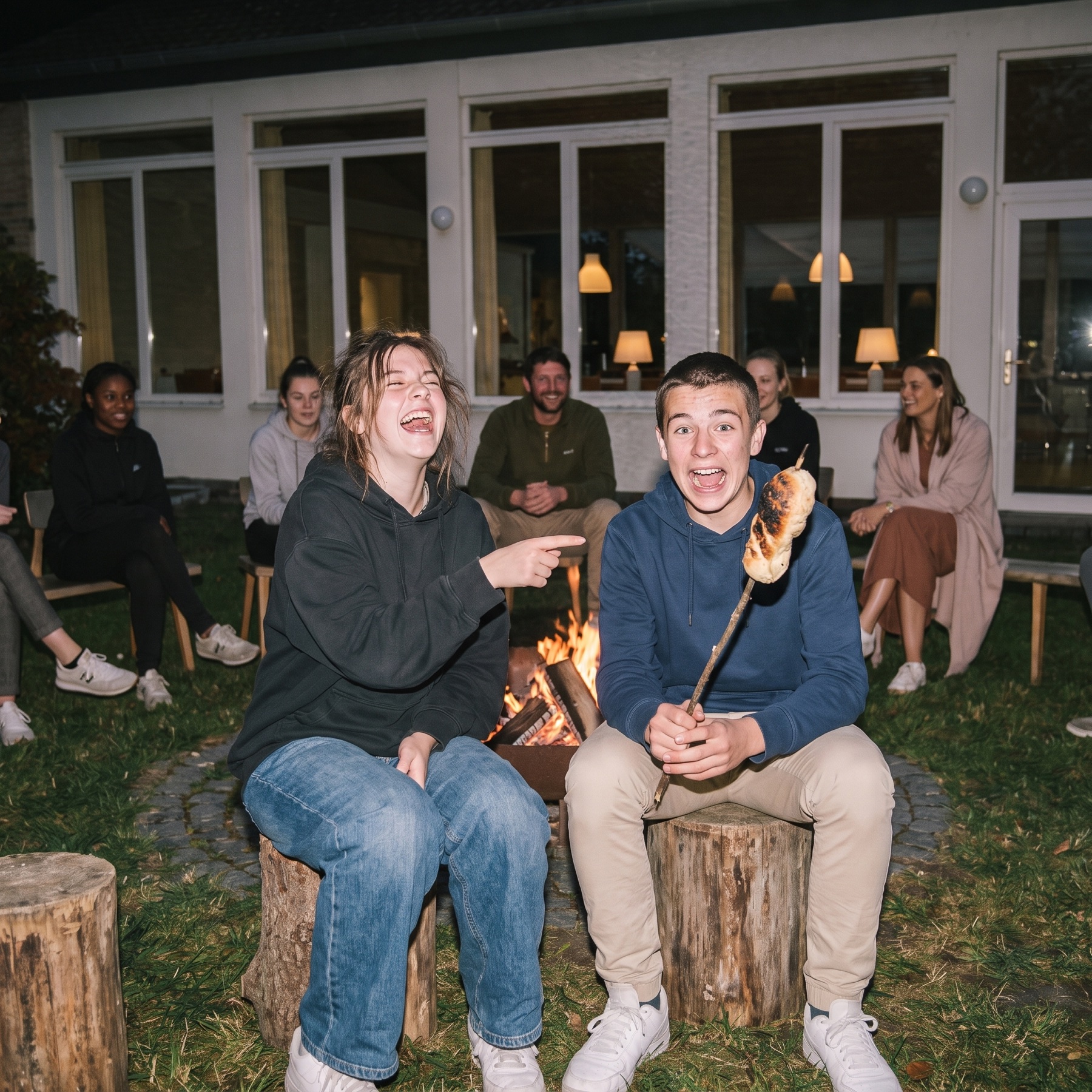 Schulklasse beim Stockbrot am Lagerfeuer