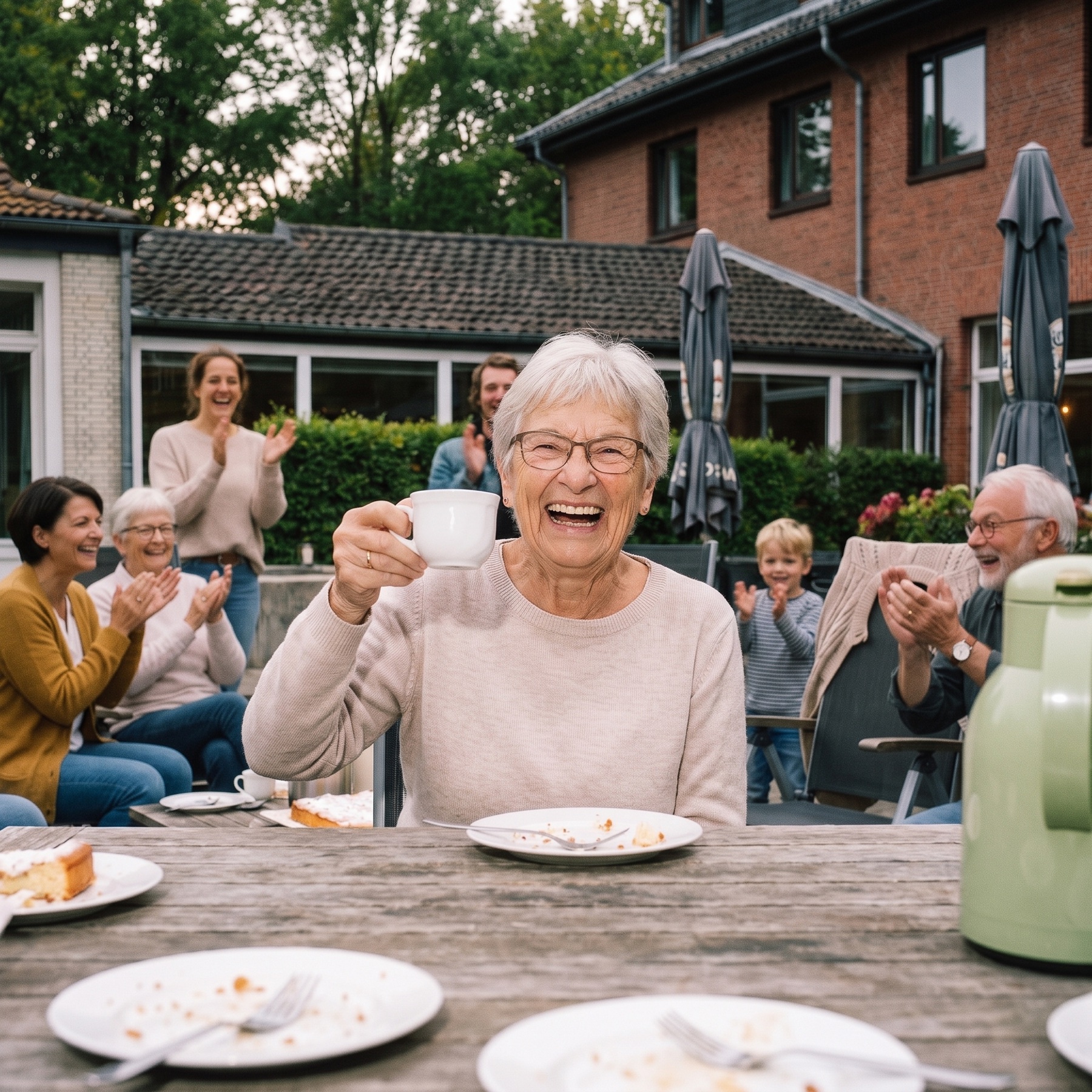 Oma hebt strahlend die Kaffeetasse an der Familientafel am Sunderhof