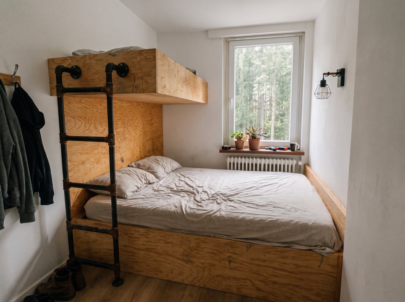 Zimmer mit Hochbett aus Birkenholz und Waldblick am Sunderhof