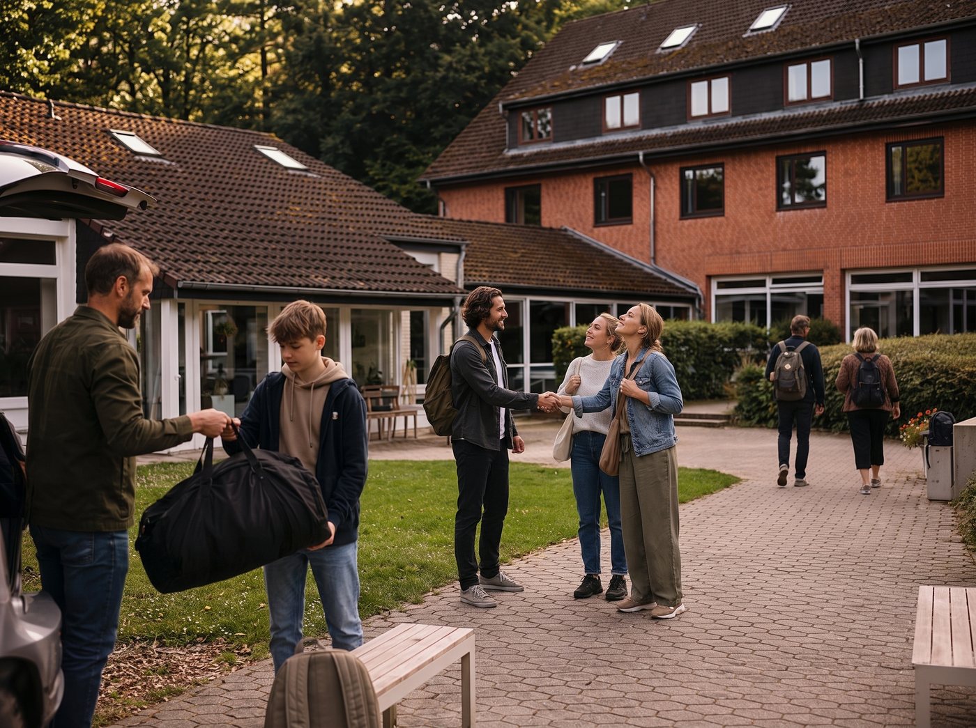 Gruppe kommt am Sunderhof an, Begrüßung mit Umarmung vor dem Haupthaus