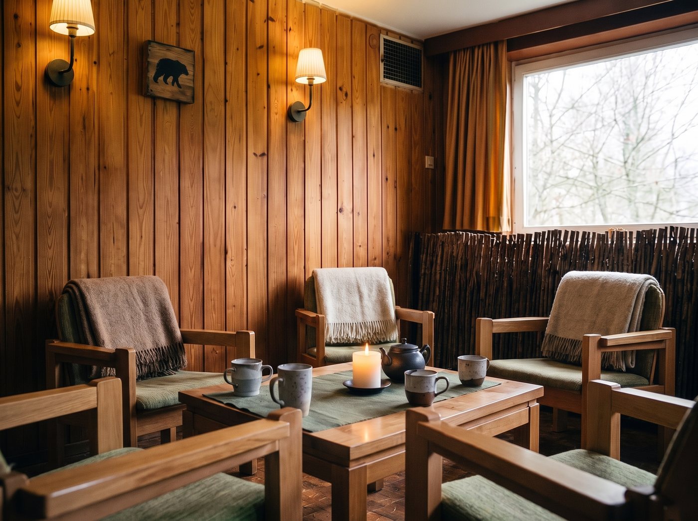 Gemütliche Holzlounge mit Kerzenlicht am Sunderhof