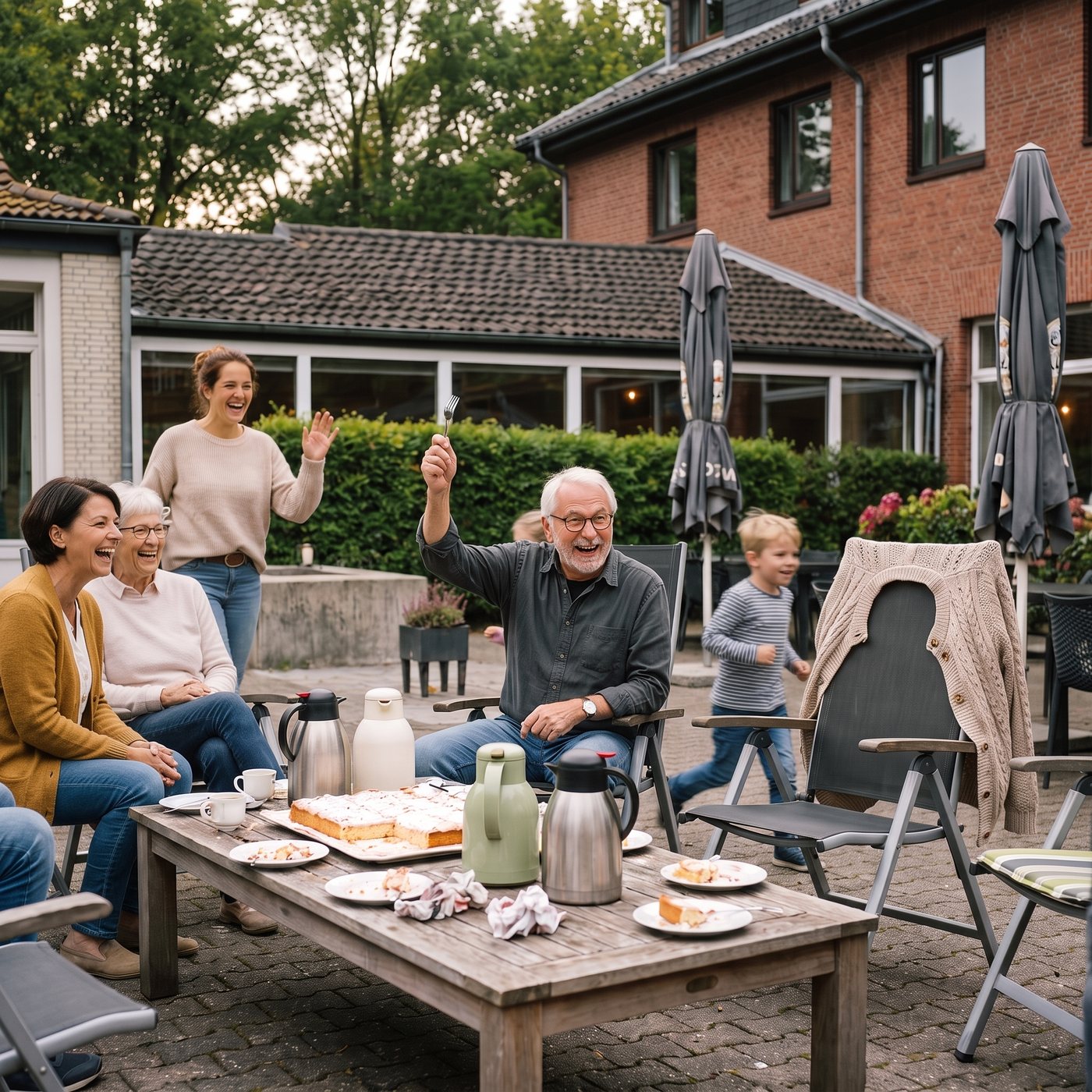 Familie an der langen Tafel im Hof am Sunderhof